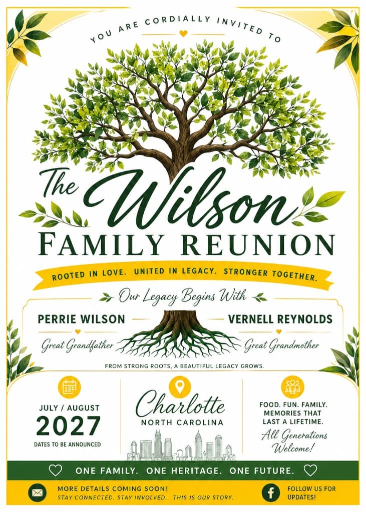 Wilson Family Reunion 2027 official flyer — Charlotte, North Carolina. Rooted in love. United in legacy. Stronger together.